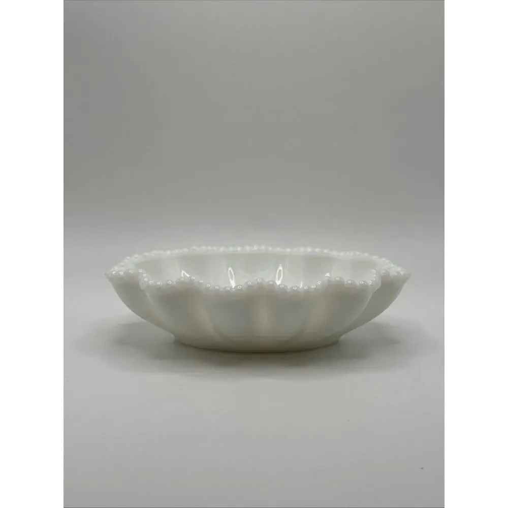 Vintage Westmoreland Milk Glass Doric Lace Oval Bowl Bead Ruffle Trinket Dish